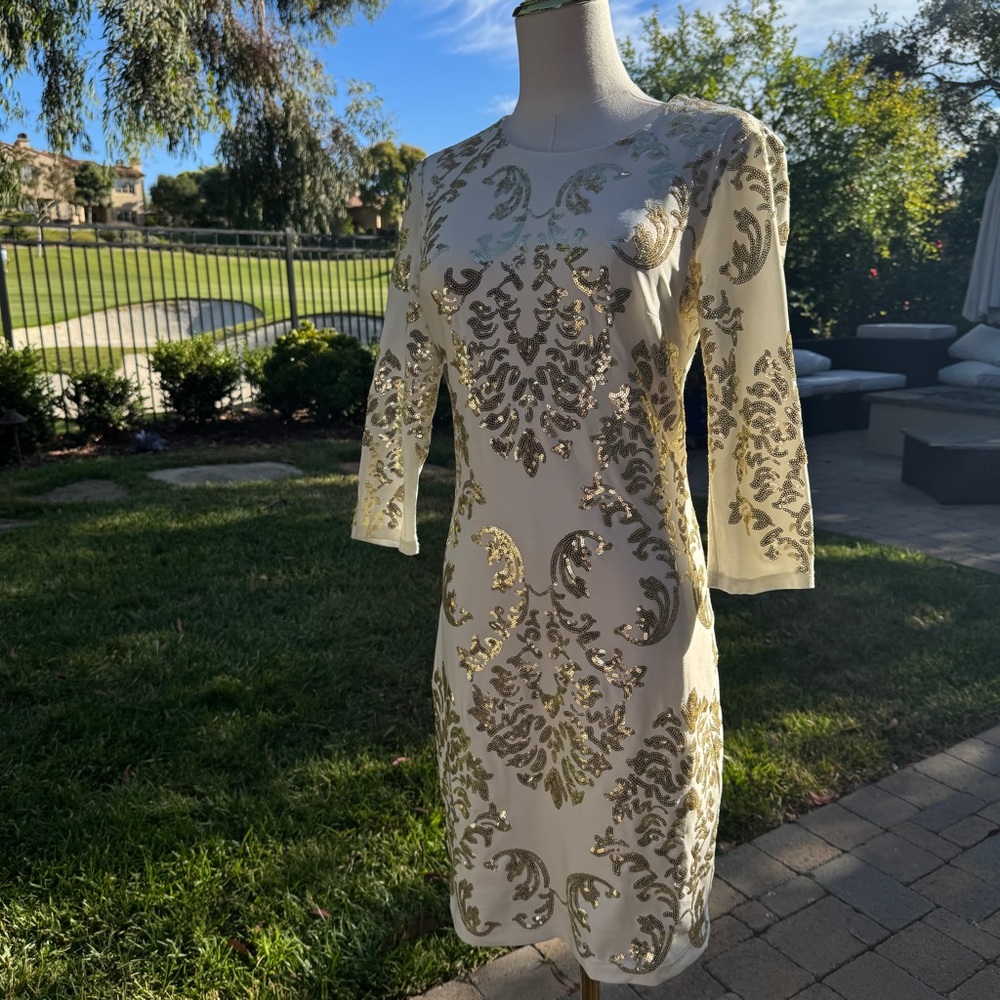 B Darlin Luxurious White and Gold Embellished Long Sleeve Dress